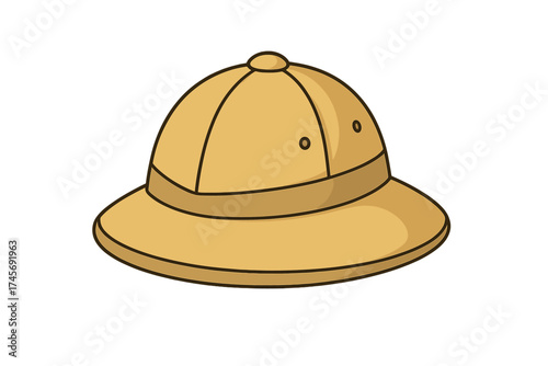 Pith helmet icon. Cork hat for sun protection on an African safari. Explorer or hunter headwear. Cartoon vector symbol for adventure and travel. Isolated stock illustration.