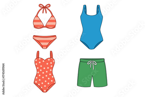 Swimwear and swimsuit vector icon set. Cartoon collection of summer beach apparel. Includes bikini, one-piece suit, and men's swim trunks. Isolated flat design illustration.