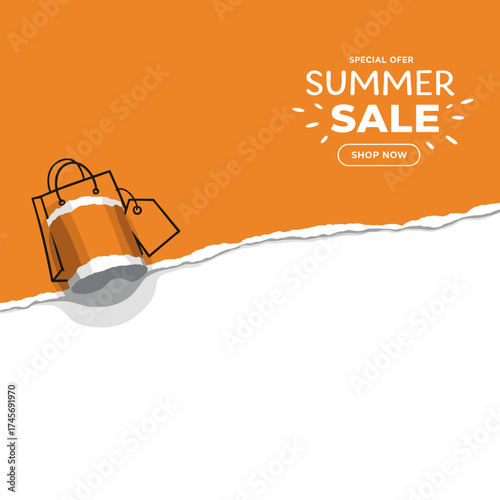 Summer sale banner design with partial background and torn paper edge in bright orange color with simple bag and tag icon in doodle art style