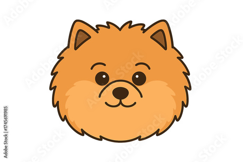 Pomeranian dog head icon. Cute cartoon spitz puppy face logo. Happy pet animal character symbol for vet clinic or pet shop. Fluffy doggie vector illustration for kids design.