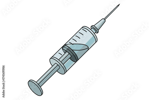 Syringe with needle and vaccine vector illustration. Medical icon for healthcare. Concept of vaccination, immunization, and treatment. Medicine dose, drug, or anesthetic in a cartoon style.