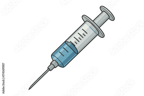 Medical syringe with needle and blue vaccine liquid. Vector icon for concepts of vaccination, immunization, and healthcare. Medicine drug dose for treatment in hospital or clinic.