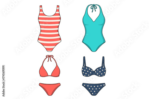Swimsuit and bikini vector icon set. Cartoon collection of one-piece and two-piece swimwear for summer. Beachwear fashion illustration with striped and polka dot patterns.
