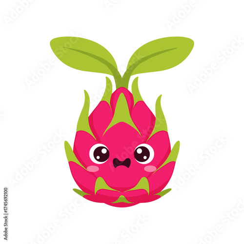 Cute cartoon dragon fruit character with large eyes and green leaves, isolated on white background