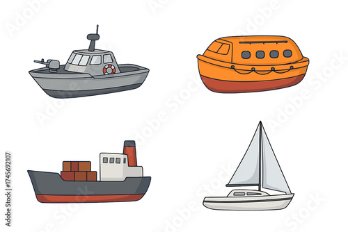 Water transport icon set. Cartoon vector collection of boats: military patrol boat, lifeboat, cargo ship, sailboat. Maritime transportation symbol pack for logistics, travel.