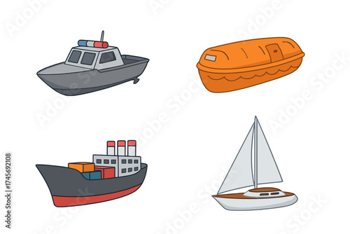 Water transport cartoon icon set. Police boat, lifeboat, cargo ship, sailboat vector collection. Marine patrol, emergency rescue, freight shipping, yachting illustration.