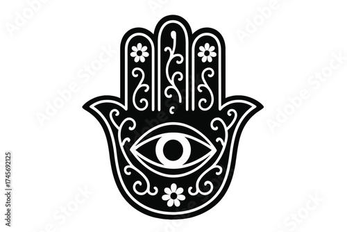 Hamsa Hand of Fatima, Hand of Miriam vector icon. Jewish, Islamic spiritual symbol. Amulet for protection against the evil eye. Ornate, decorative black and white illustration.