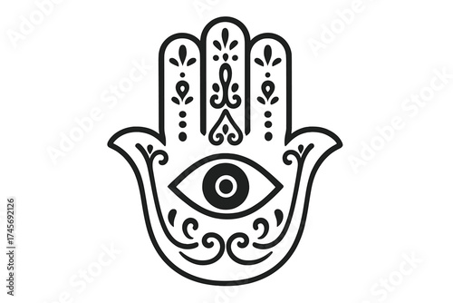 Hamsa Hand of Fatima with evil eye. Amulet protection symbol. Vector illustration for yoga, meditation. Esoteric, spiritual talisman for good luck. Jewish, Arabic ornament.