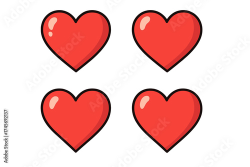 Red heart vector icon set. Cartoon style love, romance, passion symbol for Valentine's Day. Graphic element for greeting cards, wedding invitations, and social media likes.