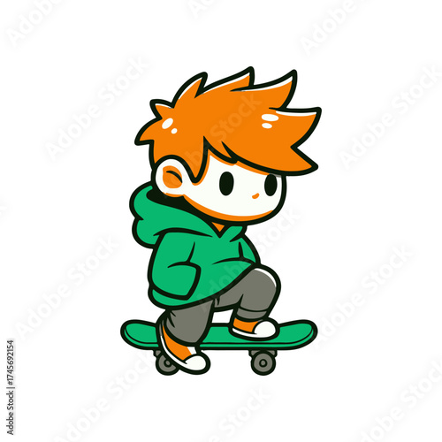 A playful young boy skateboarding confidently in a vibrant urban setting with colorful graffiti