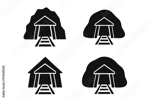 Mine entrance icon set with railway tracks vector. Coal, gold mining industry symbol. Tunnel in mountain silhouette. Black graphic element isolated on white background concept.