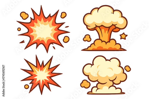 Set of cartoon explosions. Vector bomb blasts and comic book boom effects. Fireball, smoke cloud and atomic mushroom illustration. Dynamite burst and bang icons for design.
