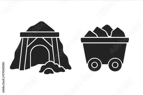 Mining industry black glyph icons set. Mine entrance adit and ore trolley. Coal extraction symbol. Quarry industrial transport. Mineral resource excavation vector illustration.