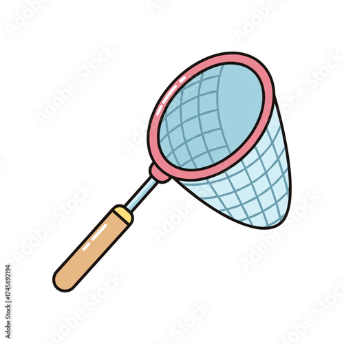 A colorful fishing net with a red rim and wooden handle, set against a plain background