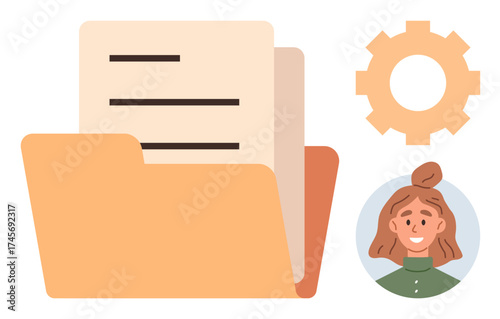 Folder containing documents, user avatar, and settings gear suggests file management, user access, system setup. Ideal for business, technology, team management, organization productivity data