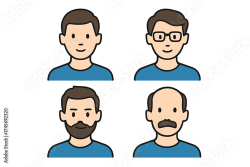 Man avatar icon set for web and mobile. Male user profile character collection. Young, old, bearded, with glasses, bald head, and mustache. People headshots vector illustration.
