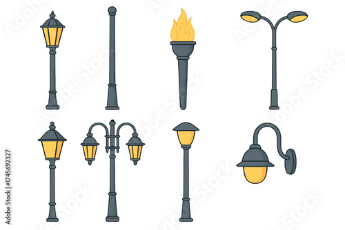 Streetlight vector icon set. Lamppost collection with retro, modern, classic style. Outdoor lighting elements, vintage lantern, torch, street lamp. Isolated cartoon illustration.