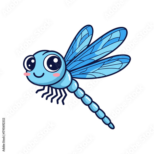 A cute blue dragonfly with large eyes and detailed wings, hovering in a bright environment