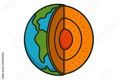 Earth structure cross section vector illustration. Planet core, mantle, and crust layers diagram. Geology science education concept art isolated on white background. Flat cartoon style.