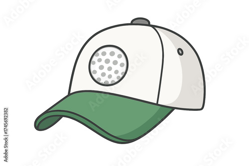 Golf cap vector illustration. Sports baseball hat with golf ball logo icon. Golfer headwear for championship or tournament. Summer leisure accessory and athletic equipment symbol.