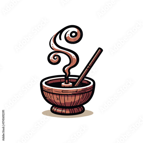 A steaming bowl of soup with chopsticks, set against a minimalist background, evoking warmth