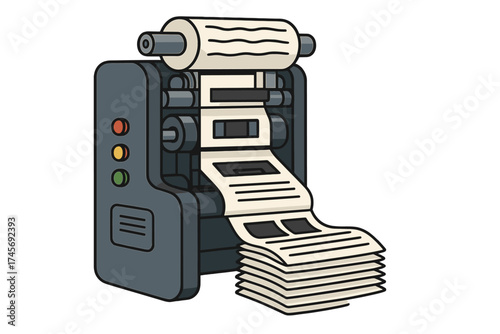 Printing press machine printing newspaper. Concept of typography, publishing, and mass media production. Industrial equipment for print. Cartoon vector illustration isolated.