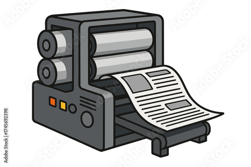 Newspaper printing press machine. Mass media, publication, and information concept. Industrial typography equipment for factory print production. Daily news vector illustration.