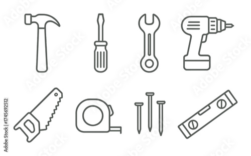Outline of essential hand tools: hammer, screwdriver, wrench, drill, saw, tape measure