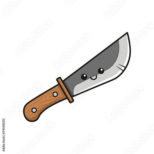A cute cartoon knife with a smiling face and wooden handle, isolated on a white background