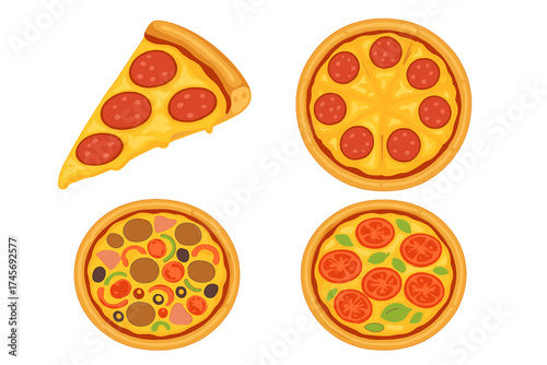 Pizza set vector illustration. Cartoon collection of different pizzas: pepperoni slice, margherita, and supreme with various toppings. Fast food icons for menu or delivery.