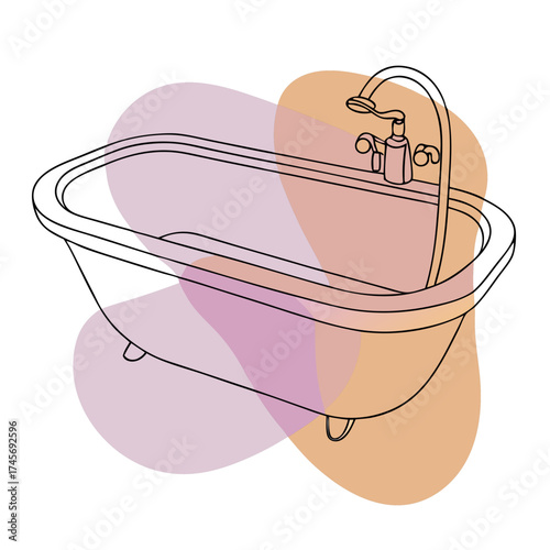 Elegant bathtub illustration in simple line art style with abstract color shapes for plumbing concept
