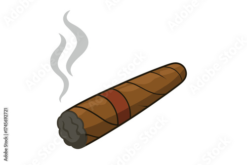 Cigar with smoke vector illustration. Tobacco product symbol. Unhealthy habit concept. Smoking brown cigar. Luxury lifestyle. Gentleman's relaxation. Flat cartoon design element.