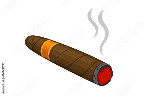 Lit brown cigar with smoke cartoon vector illustration. Smoking tobacco product icon. Cuban havana luxury concept. Gentleman's club symbol. Unhealthy habit, nicotine addiction.