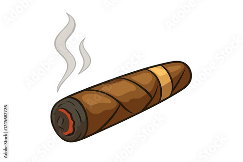 Lit cigar with smoke vector illustration. Cartoon icon of a burning havana cigar. Symbol of luxury, wealth, success, relaxation, gentleman's club, mafia, bad habit concept.