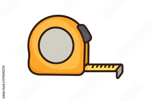 Tape measure cartoon icon. Measuring tool for construction, repair, build, carpentry. Measure length, size. Ruler for handyman, tailor. DIY project concept. Vector illustration.