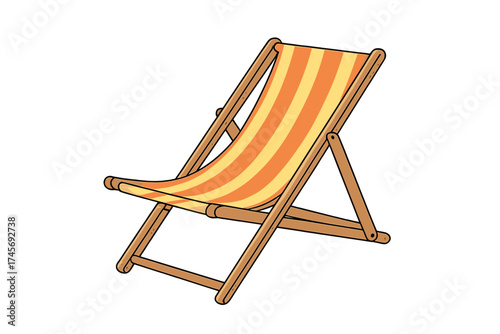 Striped beach chair vector illustration for summer vacation. Deckchair icon for sunbathing, relaxation on the seaside. Holiday travel symbol. Isolated wooden sun lounger object.