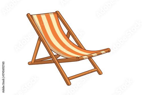 Beach deck chair for summer vacation and sunbathing. Striped foldable seat for relaxation on the sand. Isolated vector illustration. Cartoon icon for travel or resort.