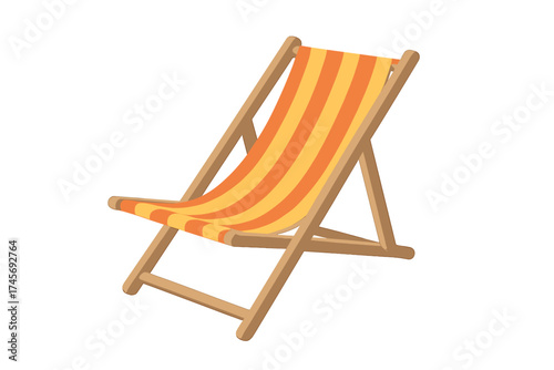 Beach chair for sunbathing. Summer vacation rest symbol. Wooden deckchair for travel relaxation. Cartoon vector illustration icon isolated on transparent background.