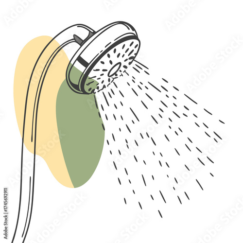 Shower head spray illustration in simple line art style with abstract color shapes for plumbing concept
