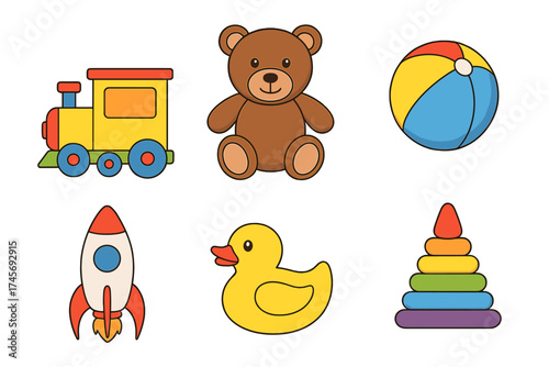 Kids toys icon set. Cute cartoon collection with train, teddy bear, ball, rocket, rubber duck, and pyramid. Vector illustration in flat style for baby and child design.