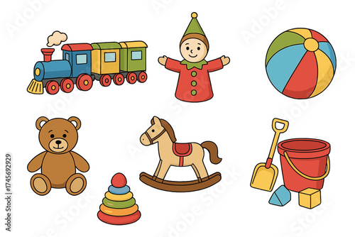 Kids toys set collection. Cartoon vector icons of train, teddy bear, rocking horse, ball, puppet, pyramid, sand bucket. Childhood playtime illustration for baby, preschool.