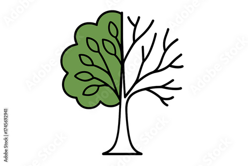 Tree of life and death icon. Half living green tree and half dead tree symbol. Climate change, seasons, and environment concept. Vector illustration of growth and decay.