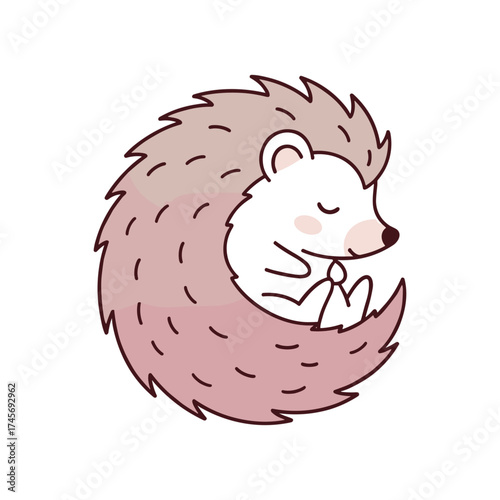 Cute cartoon hedgehog curled up peacefully in a cozy, minimalist design, perfect for children's decor