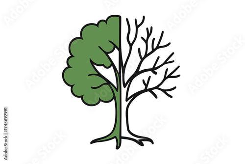 Metaphor of life and death. Tree half green with leaves, half bare. Symbol for seasons, change, climate, ecology, environment, balance, growth, decay, circle of life vector.