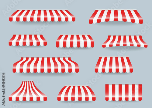 Red and white striped awning set, vector shop canopy collection, flat vintage tent shades for cafe, market, store or restaurant design, realistic 3D shading, isolated commercial illustration
