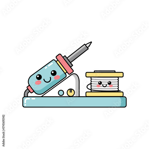 Cute cartoon illustration of a cheerful soldering iron next to a spool of thread, ideal for crafting themes