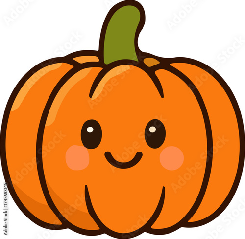 A cute kawaii-style pumpkin illustration with a happy smiling face, rosy cheeks, and warm orange tones perfect for autumn and Thanksgiving designs.