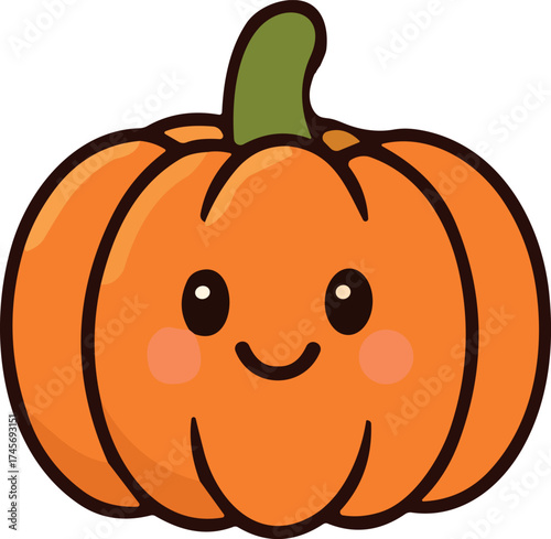 A cute kawaii-style pumpkin illustration with a happy smiling face, rosy cheeks, and warm orange tones perfect for autumn and Thanksgiving designs.