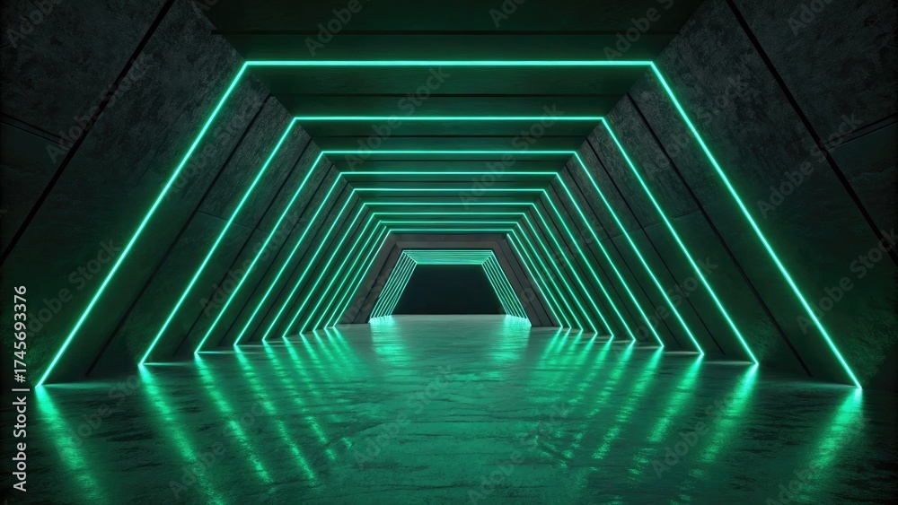 Obraz premium Futuristic neon tunnel with green glowing lights and reflective floor, abstract