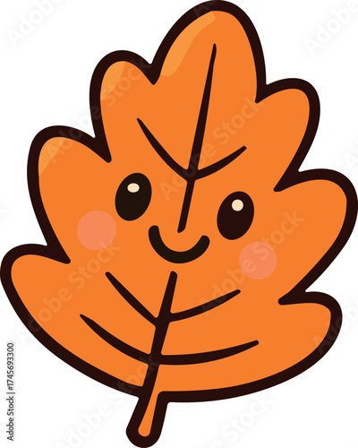A cute kawaii-style orange autumn leaf with a smiling face and rosy cheeks, symbolizing warmth and happiness in the fall season.